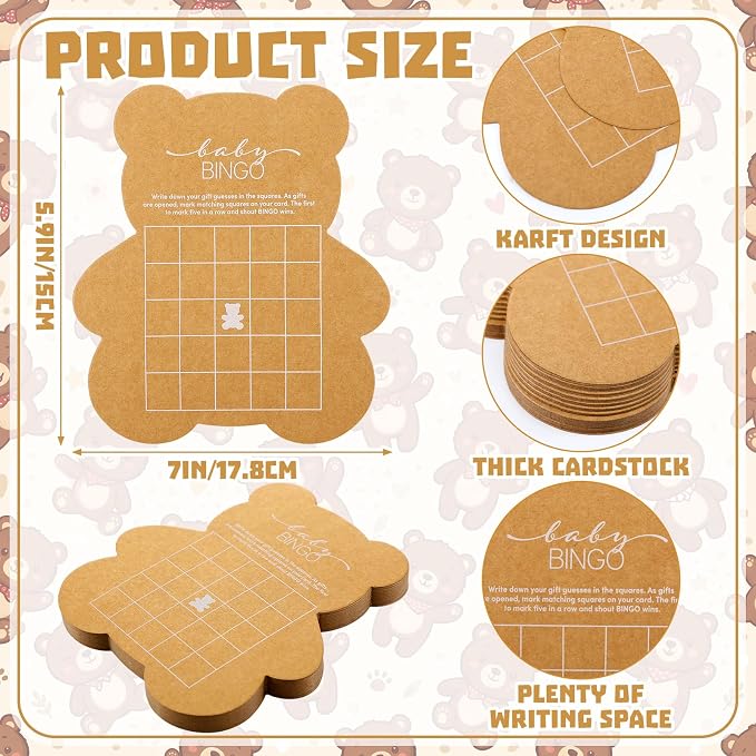 50 Pcs Bear Baby Shower Games Baby Bingo Cards Game for New Parents Girl or Boy Fun Games Gender Neutral Activity Kraft Paper Cards