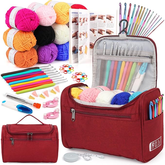 Aeelike Crochet Kit for Beginners Adults, Complete Crochet Kits, Winred | Crochet Kit for Beginners Young and Old, All-inclusive Kit with Crochet Hooks 655 Yards Yarn Instruction Knit Bag, Ideal Gift