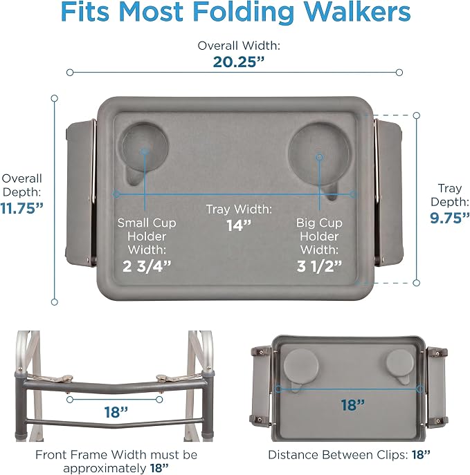 NOVA Folding Walker Tray Accessory – Flip-Up Walker Tray with 2 Cup Holders for Food, Drinks & Personal Items – No-Tool Installation – Easy Up/Down Mobility Tray for Standard Walkers