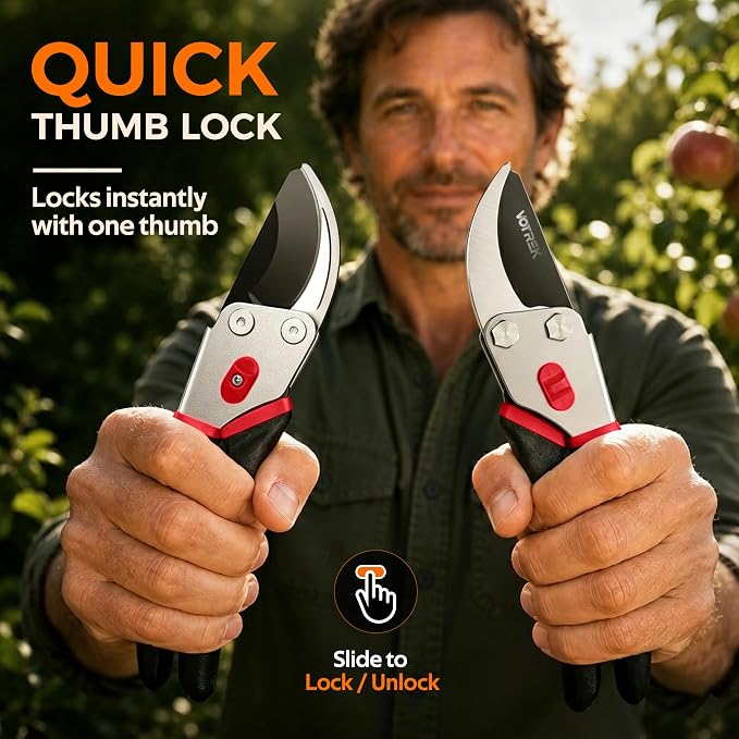 VOTREK® Bypass Pruning Shears, 8.5" Jam-Proof Spring Clippers for branches | Sharp & Anti-Rust SK5 Blade, Ergonomic Non-Slip Grip for Weak Hands, Garden Pruner for Rose, Bonsai, Heavy Duty Tree