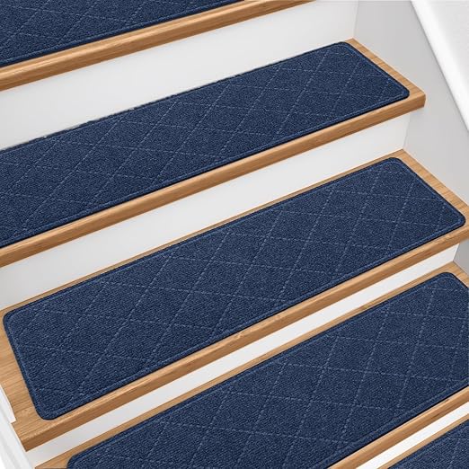 Stair Treads for Wooden Steps 18 PCS, Non Slip Stair Rugs Blue | 8x30in Self-adhesive Stair Runner Strips, Machine Washable, Indoor Carpet for Stairs, Stair Protection for Kids Pets Elderly