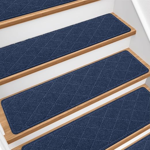Stair Treads for Wooden Steps 4 PCS, Non Slip Stair Rugs Blue | 8x30in Self-adhesive Stair Runner Strips, Machine Washable, Indoor Carpet for Stairs, Stair Protection for Kids Pets Elderly