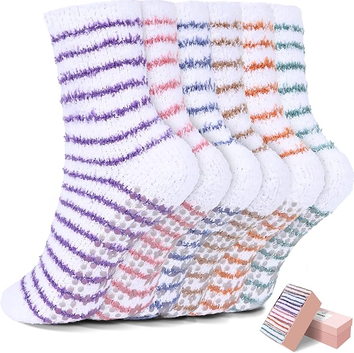 HUGSWEET 6 Pairs Thick Fuzzy Socks with Grip Cozy Non Slip Hospital Socks Home Fluffy Warm Slipper Socks Gifts for Women