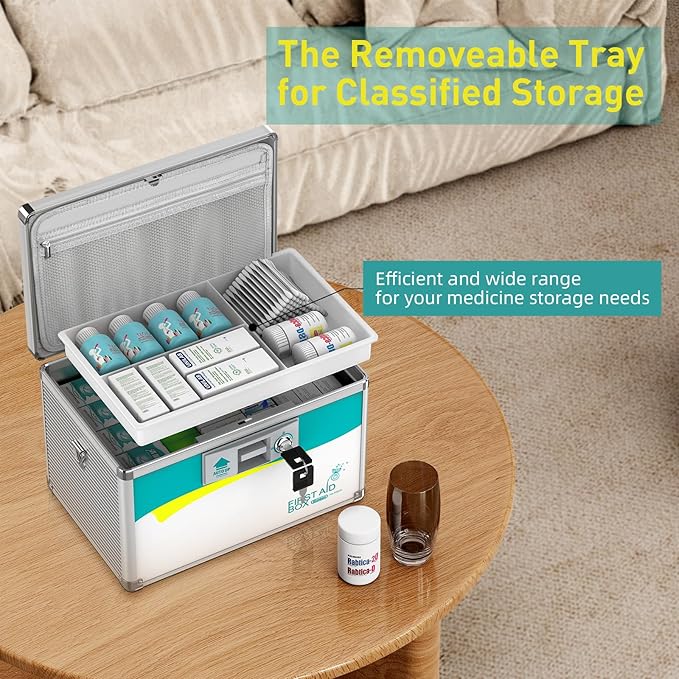 Glosen Medicine Lock Box,locking medicine box, Security Lock Boxes【Medium 12 x 7.68 x 7.87 Inch with removable storage pocket】,lock box, First Aid Key Safe Box,Lock Box for Medication