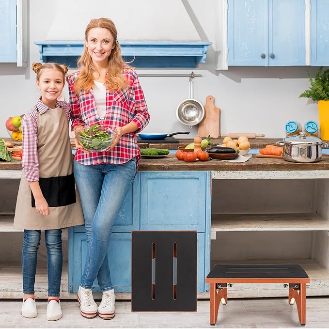 Step Stool Foldable, Wooden Step Stool with Non-Slip Rubber Stepping Feet, Folding Platform Step Stools for Adults Seniors in Kitchen, Home, Bedroom, Office, Rv, Easy to Carry,450 LBS Capacity (Brown)