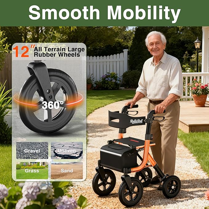 Walkers for Seniors, Rollator Walker with Seat, 12" Big Rubber Wheels All Terrain Rolling Walker with Backrest, Foldable Rollator Walker, Reinforced Aluminum Frame, Built-in Cable, Orange