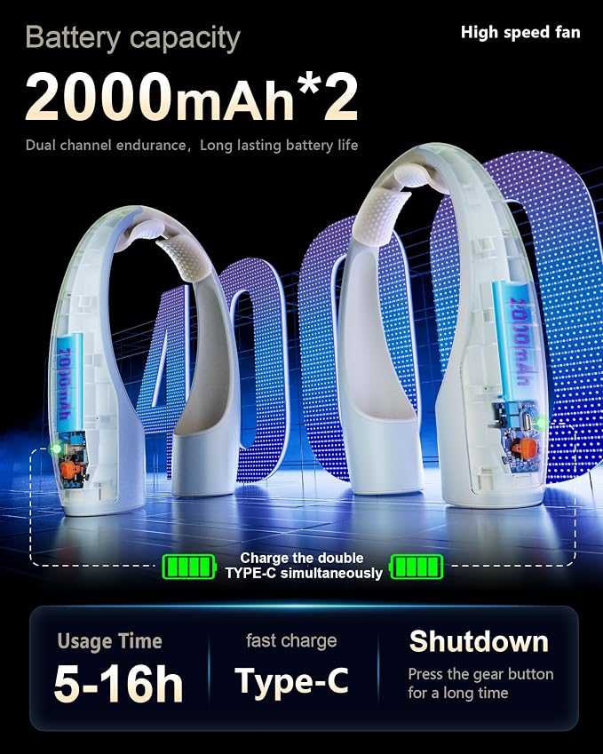 Heelkl AI Neck Fan, 4 Speeds Adjustable Portable Personal Fan Rechargeable, 4000 mAh Battery Faster Cooling Wearable Fan, Ultra Quiet for Home, Office, Travel, Outdoor - Champagne