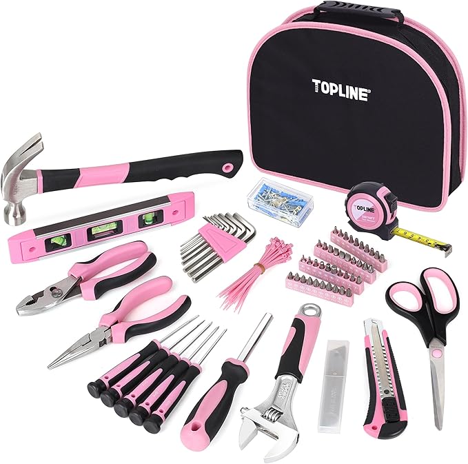 TOPLINE 208-Piece Pink Tool Kits for Women with Round Pouch, Small Tools Kit for Apartment, Home, Household Ladies Pink Tool Set for Best Gifts and Home Maintenance
