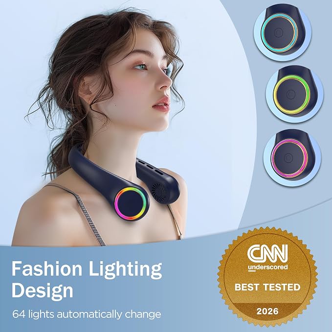 GULAKI Portable Neck Fan, Personal Fan with 4000mAh Battery, Rechargeable Neck Fan with 3 Speeds and 64 Cool Lights, Birthday Gifts for Men Women Mom Dad, Hands Free Cooling fan for Summer(Navy Blue)