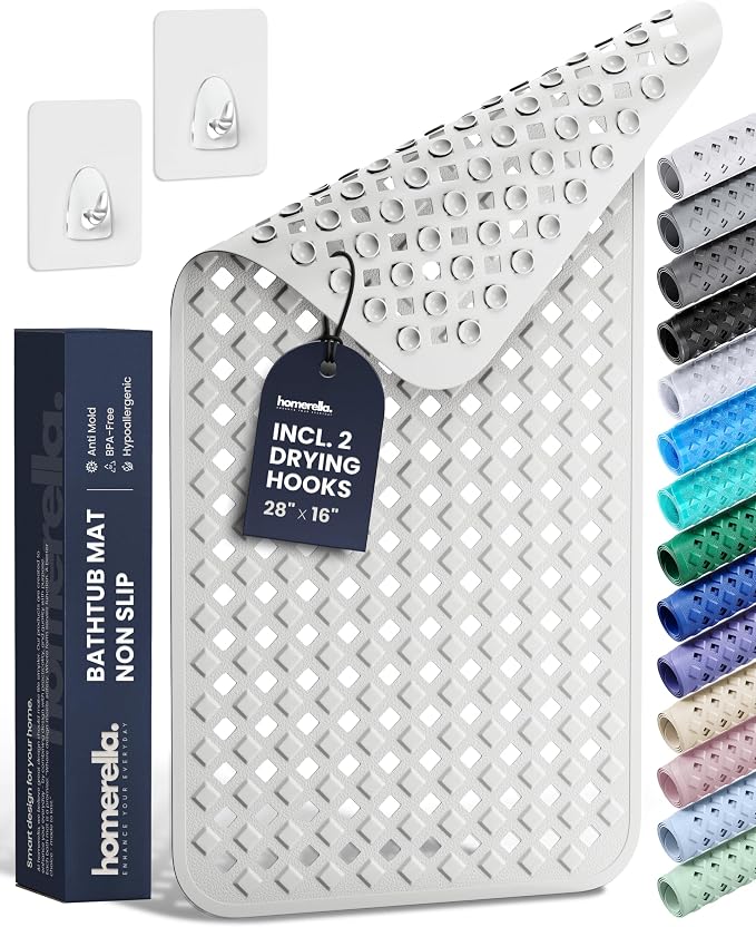 Bathtub Mat Non Slip 28x16 - homerella® Bath Mat Incl. Hooks for Drying, 100% BPA Free, Shower Mat Non Slip Anti Mold, Machine Washable, Shower Mats for Inside Shower Mildew Resistant (White)