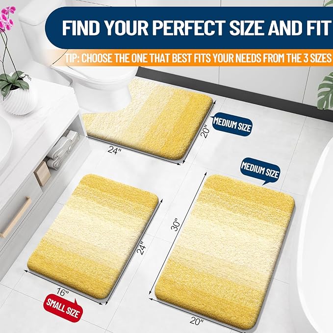 OLANLY Bathroom Rug Set 2 Piece, Soft Absorbent Microfiber Bath Mats and U-Shaped Contour Toilet Rug, Non-Slip, Machine Wash Dry, Plush Shaggy Bath Mats for Bathroom (24"x16"+U24 x20, Yellow)
