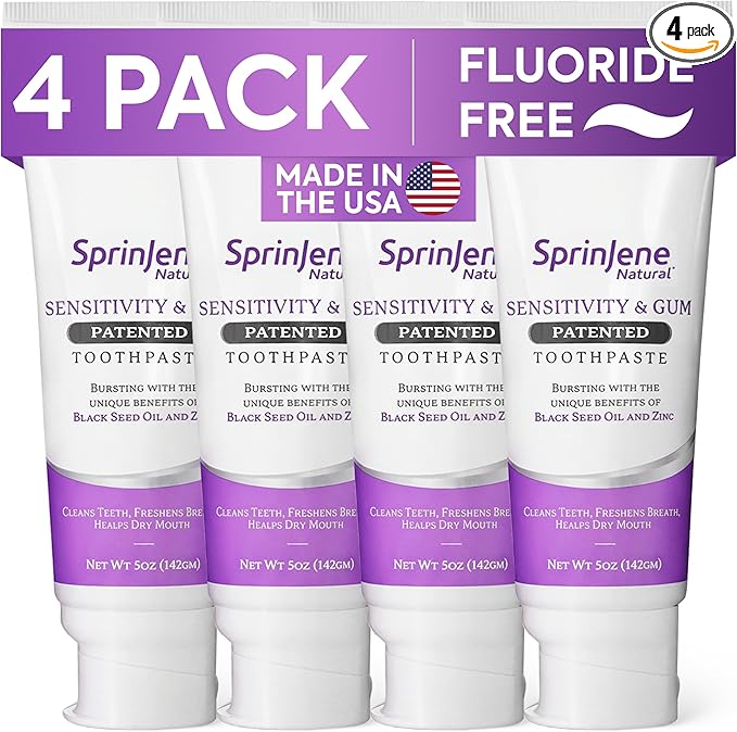 SprinJene Natural Fluoride Free Toothpaste for Sensitive Teeth & Gums – Patented Toothpaste with Black Seed Oil & Zinc – Vegan Dry Mouth Prevention for Fresh Breath – Made in The USA (4 Pack)