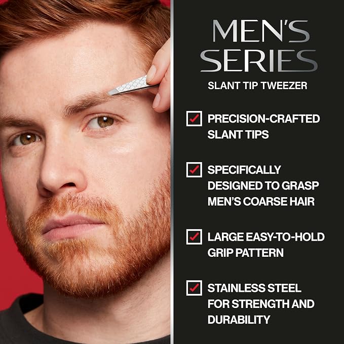 Revlon Slanted Tip Tweezers for Men, Ultra-Sharp for Precision Eyebrow Shaping and Facial Hair Removal, Larger Non-Slip Grip, Stainless Steel, 1 count