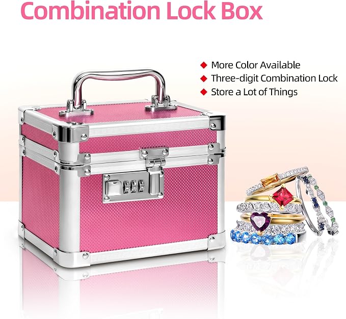 Small Medication Combination Lock Boxes with Code for Personal Items, Medicine Lockbox for Documents - 7.1 x 5.1 x 5.3 Inches Rose