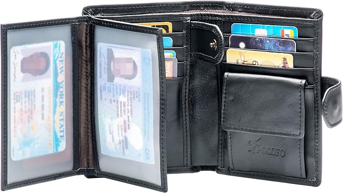 POKOFO Large RFID Genuine Leather Card Holder Trifold Wallet Snap Closure 3 ID Windows for men
