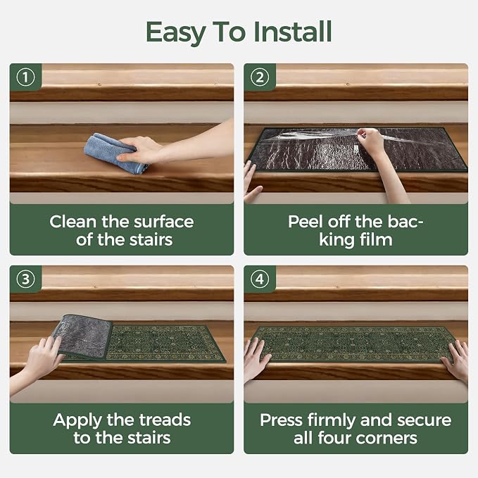 sarben 8"x30" Non Slip Stair Treads for Wooden Steps 15Pk, Dark Green Multi | Peel and Stick Carpet Stair Runner with TPE Adhesive Backing, Carpet for Added Safety, Pet and Senior Friendly