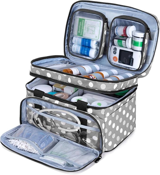 BAFASO Double Layer Medicine Bag with 2 Detachable Pouches, Polka Dots | Pill Bottle Organizer for Travel and Daily Use (Bag ONLY)