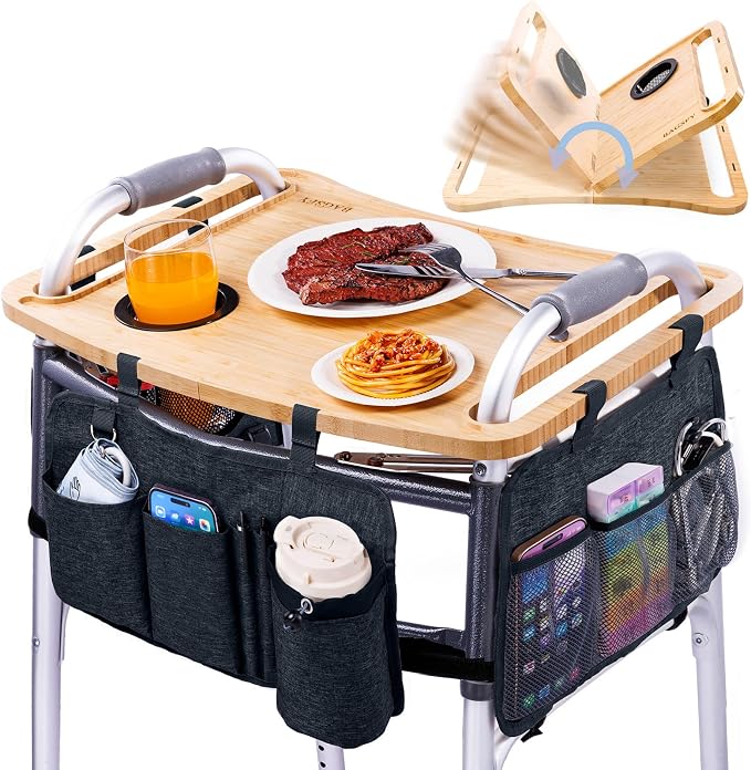 Walker Tray Table with Pockets & Cup Holder for Folding Walkers, Foldable Bamboo Walker Tray for Seniors, Stable Walker Accessories with Raised Edges for Meals, Drinks, Reading &Daily Living