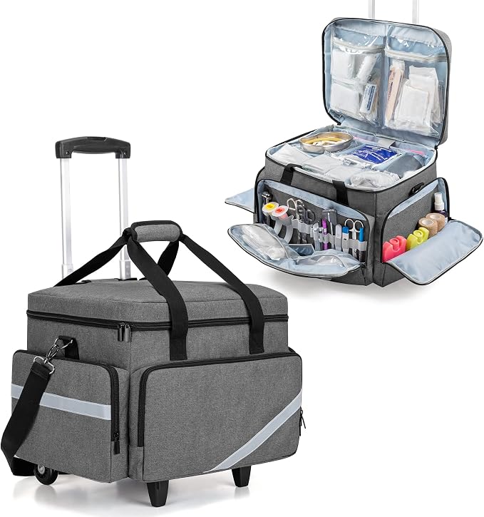 Trunab Rolling Medical Bag with Detachable Trolley, Nurse Responder Case | 15.6" laptop sleeve, Removable Dividers, Empty Bag for EMT/EMS/Doctors/Nurses