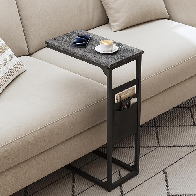 TUTOTAK C Shaped End Table, Side Table for Couch, Sofa Table | with Storage Bag, Set of 2, TV Tray for Living Room, Bedroom, Grey TB01BY0822