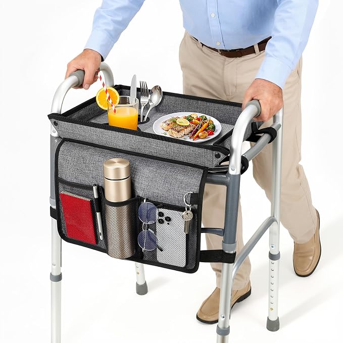 Rhino Valley Walker Tray for Folding Walker,Tray for Walker with Cup Holder | Sturdy & Non-Slip Tray for Walkers,Fits Standard Walkers,Removable&Easy Assembly, Mobility Accessory for Seniors Meals Drinks