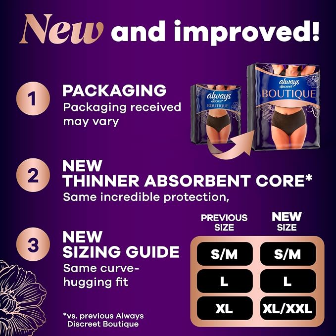Always Discreet Boutique Incontinence and Postpartum Underwear for Women, Maximum Protection, Extra Large, Black, 16 Count