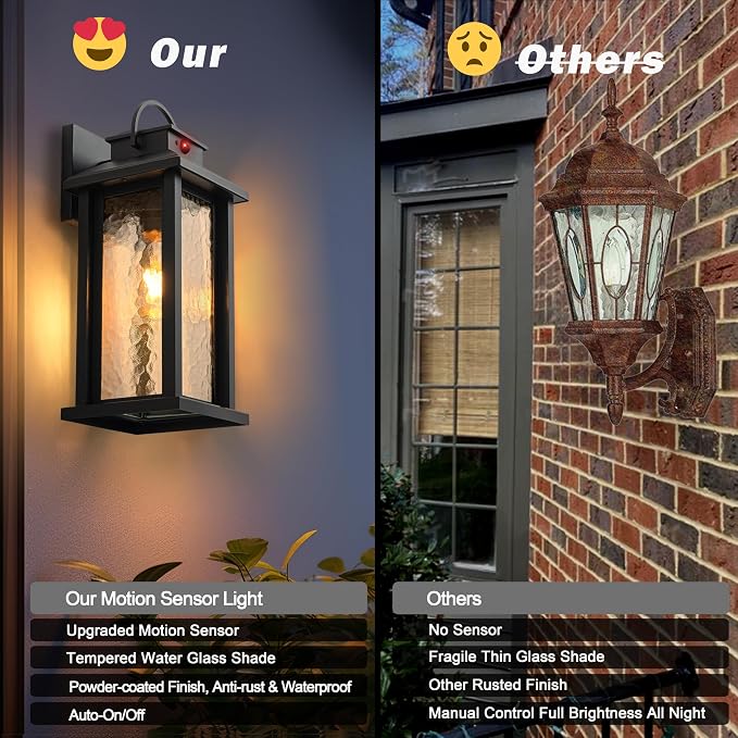 2-Pack 15.5" Motion Sensor Outdoor Lights Dusk to Dawn Porch Light | 3 Lighting Modes, E26 Socket, Water Glass, Hardwired, Matte Black Exterior Lighting Fixtures for Porch Front Door