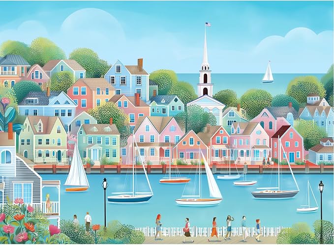500 Piece Jigsaw Puzzle for Adults, Coastal Harbor Town | Coastal harbor town with sailboats, pastel houses, seaside views, poster, storage bag, back letters and thick cardboard