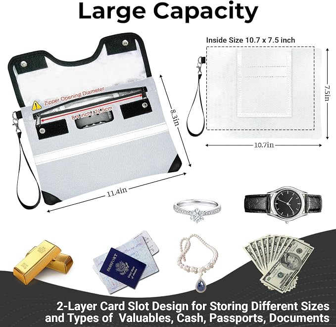 6200°F Fireproof Document Bag with Lock, 11.4 x 8.3 Inch Fire Proof Bag for Documents, Fire Proof Money Bags with Zipper Envelope, Water Resistant Fireproof Pouch Cash for Envelope Silver