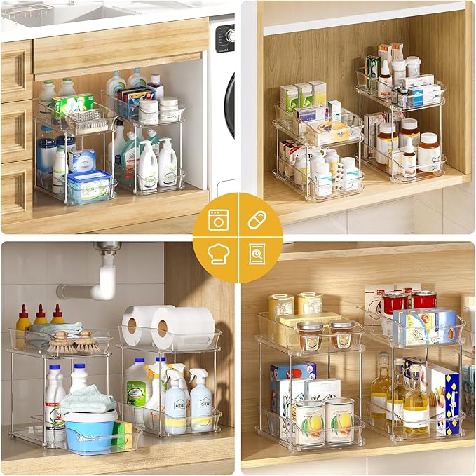 Delamu 2-Tier Under Sink Organizers and Storage, Multi-Purpose Stackable Bathroom Cabinet Organizers, Pull Out Kitchen Pantry Organization and Storage with Dividers(3 Pack, Clear)