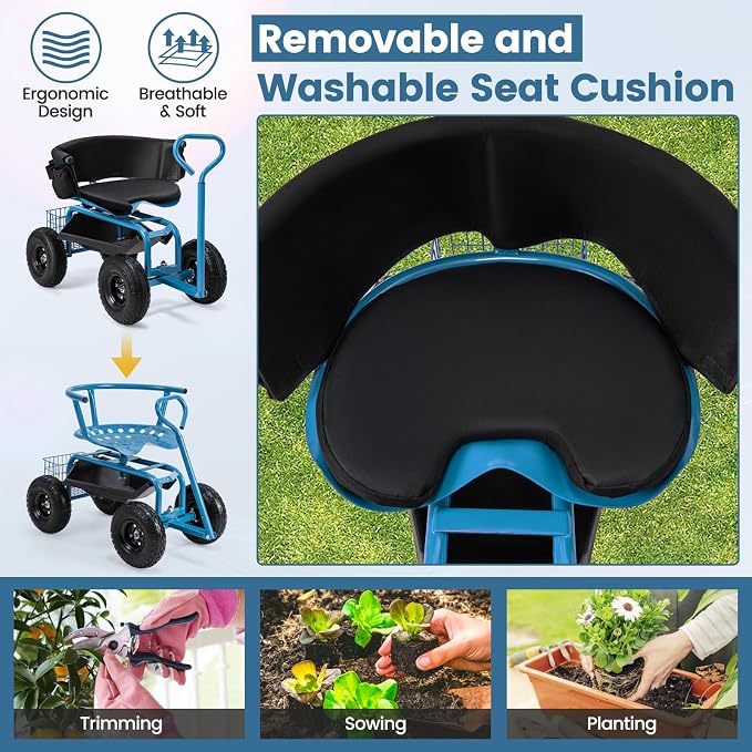 Goplus Garden Seat with Wheels, Rolling Gardening Stool with Adjustable 360° Swivel Seat, Tool Tray & Storage Basket, Extendable Handle, Outdoor Gardening Scooter, Garden Cart Workseat for Seniors