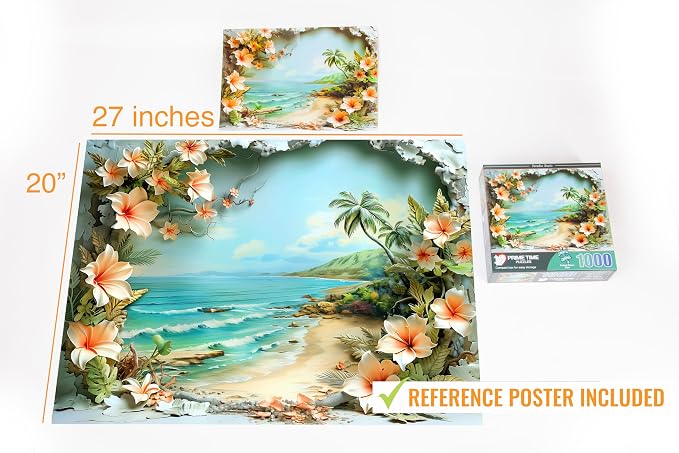 Adult Jigsaw Puzzle 1000 Piece Tropical Beach | Features Hawaii beach scenes in vibrant flowers. 20x27 inches — Great for game nights on a table, puzzleboard, or floor.