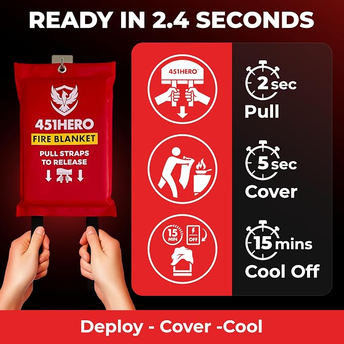 Emergency Fire Blanket – 4 Pack, Triple Certified, Comfort Weave Skin-Safe Fiberglass, Fire Blankets for Home, Kitchen, RV, Camping & Emergency Kits | Multi-Zone Fire Protection for Families