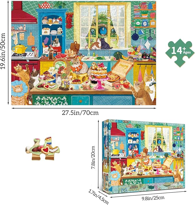 1000 piece Puzzle for Adults,Kitchen Jigsaw Puzzle 1000 Pieces for Adults,Challenging Family Games Holiday Party Gifts -1:1 Poster Interlock Perfectly Letter on Back-Cat Kitchen