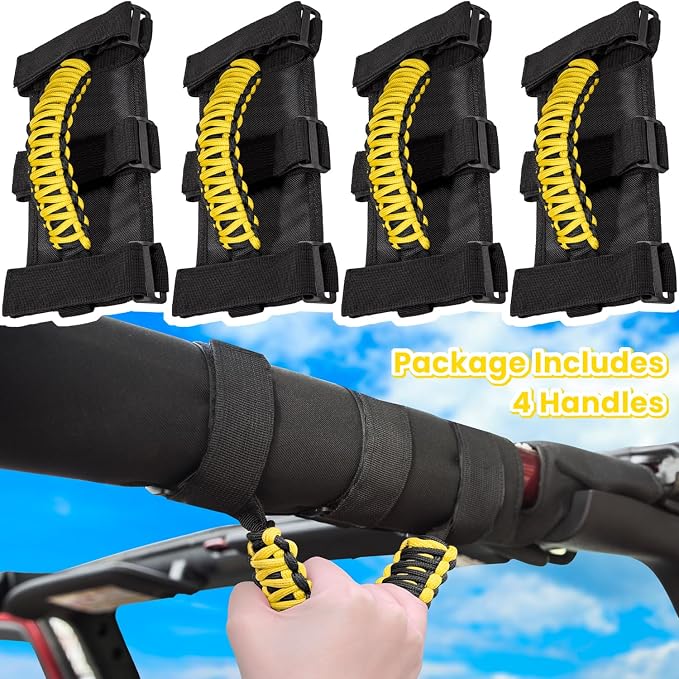 4 x Roll Bar Grab Handles Grip Handle for Jeep Wrangler JK JKU JL JLU TJ YJ Sports Sahara Freedom Rubicon Unlimited Gladiator JT 1955-2023 UTV ATV Premium 550 Paracord Interior Accessories (Yellow)