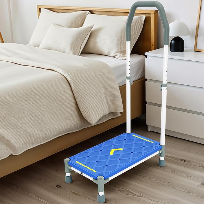 Extra Long Step Stool with Handle for Elderly(22 Inch), Heavy Duty Stepping Stool with Adjustable Handrails for High Beds, Non-Skid Platform Foot Stool for Adults, Seniors, Handicapped (1 Step Blue)