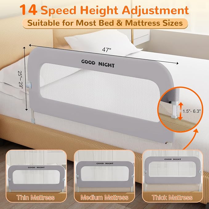 Bed Rail for Toddlers, 32 Inch Toddler Bed Rails, Bed Rail for Baby(Grey) | Adjustable Heights, Folding up Portable, Safe Metal Frame, For Baby, For Crib, Twin, Bunk, Full Size, Queen & King Bed
