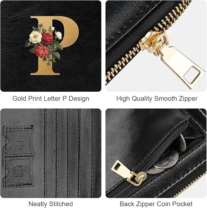 Passport Holder for Travel Personalized Wallet with Wristlet Women | Passport Cover, RFID Blocking, Passport Book Holders, Back Coin Pocket, Zipper Closure, Roses Initial Letter, Black P