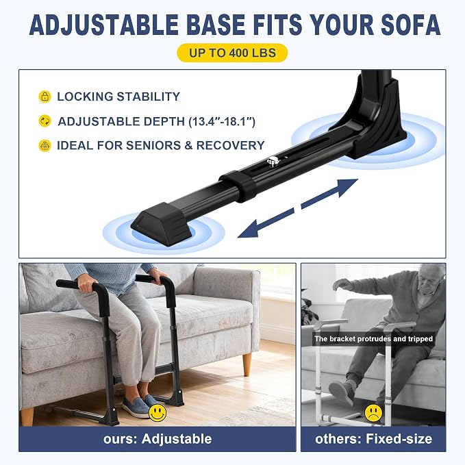 Couch Stand Assist for Elderly Seniors, Adjustable Height & Width, Black | Non-slip handles for secure grip. Supports 400 lbs. Heavy duty frame. Use on couch, chair & low seats.