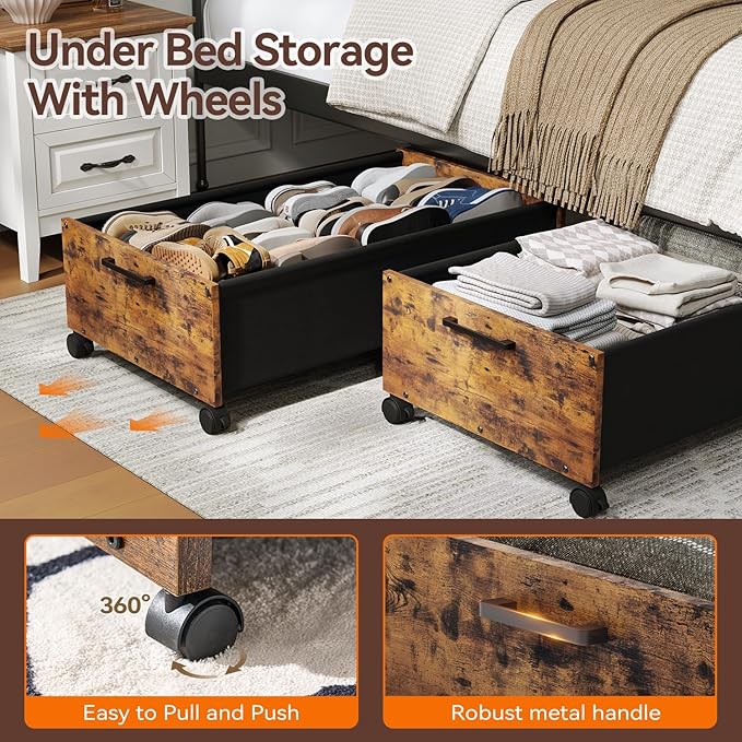 FOUCSSOMEI Under Bed Storage with Wheels, Wooden Under Bed Drawers On Wheels, Rolling Under Bed Shoe Storage, Space Saving, Rustic Brown,90L