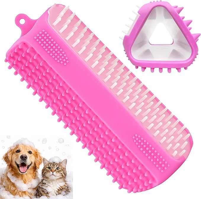 Triangular Wrap-Around Pet Grooming & Bath Brush for Dogs & Cats – 3-in-1 Silicone Dog Bath Brush with Deshedding Bristles, Massage Cones & Deep Cleaning Nubs, Soft Flexible Self-Cleaning Design,Pink