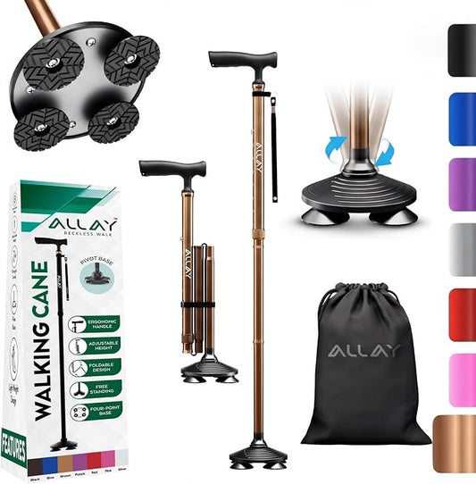 Allay Walking Canes for Men & Women - Adjustable Canes for Women for Stability, Self Standing Wide Quad Pivot Base, Light Weight, Soft Handle Grip and Travel Bag, Walking Sticks for Seniors