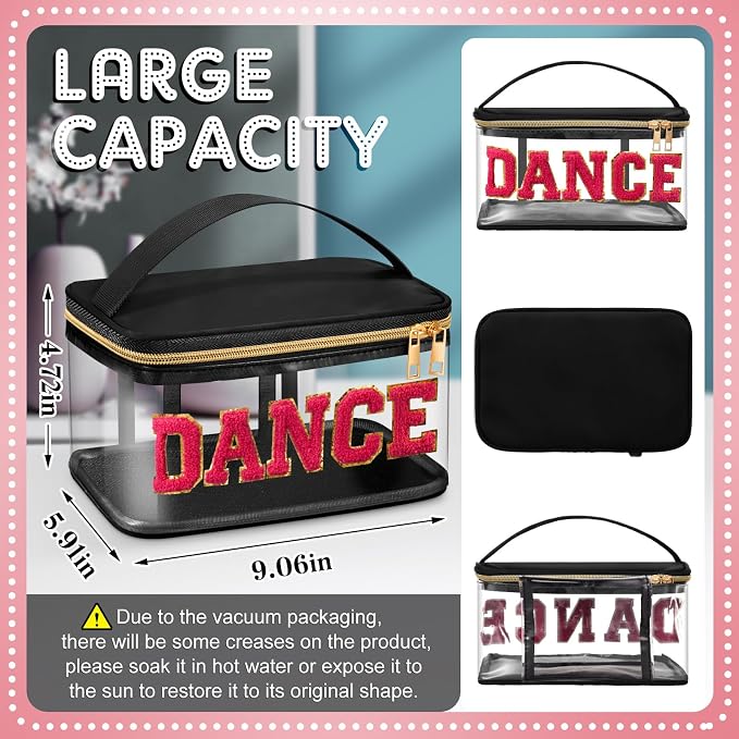 Geetery Chenille Letter Bag, Meds Cheer Travel Cases Cheerleader Gifts Cosmetic Bag Nylon Makeup Portable Preppy Patch with Zipper Toiletry Storage Case for Women(Black,Dance)