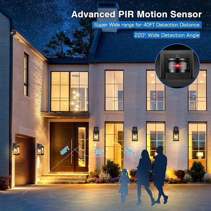 VIANIS Motion Sensor Exterior Lights for House, Dusk to Dawn Porch Lights | Waterproof Aluminum, Tempered Water Glass, 2 Pack Sconce Outdoor, Moden Black Outdoor Sconce Lights Lantern for Garage, Patio