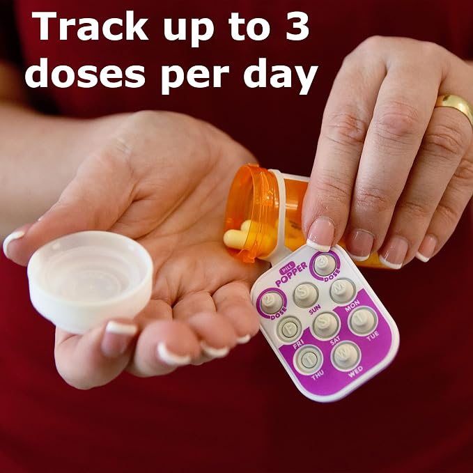 Pill Popper Medication Tracker, Daily Pill Reminder, Small and Portable Memory Aid with Buttons, Attaches to Pill Container, Tracks up to 3 Doses per Day, Multicolor, 2-Pack