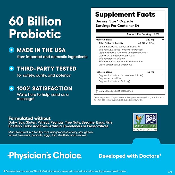 Physician's CHOICE Probiotics 60 Billion CFU - 10 Strains + Organic Prebiotics - Immune, Digestive & Gut Health - Supports Occasional Constipation, Diarrhea, Gas & Bloating - for Women & Men - 84ct