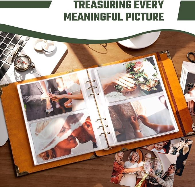 Vintage Photo Album 4x6 Leather Scrapbook Album with Writing Space 120 Photos & 30 Sheets DIY Paper Memory Albums Book for Anniversary Travel Vacation Family Tree, Green