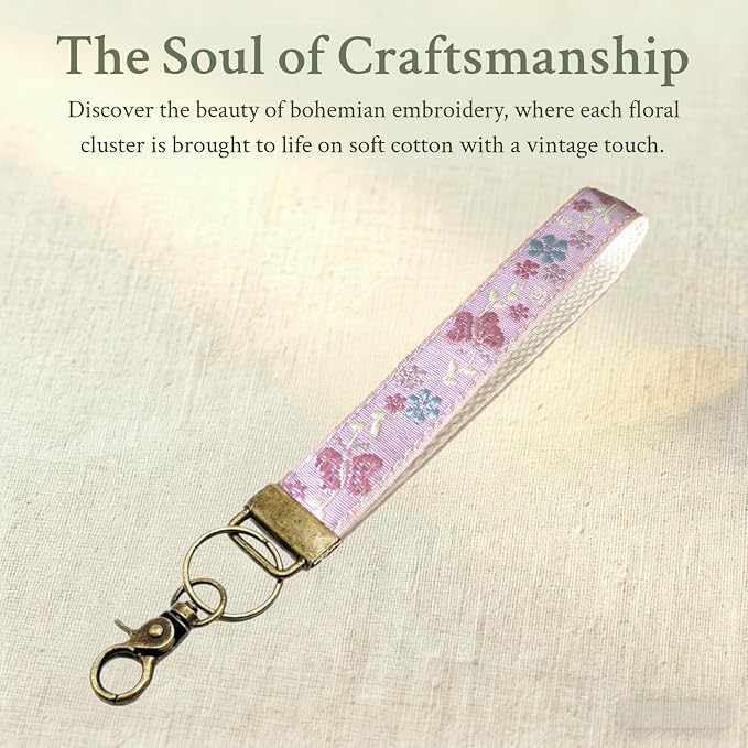 Boho Vintage Embroidered Floral plant Wristlet Keychain for Women | Cute Lanyard&Antique Brass Clasp, Lightweight Hands-Free Key Holder for keys,purses,handbags and daily outdoor use for ladies