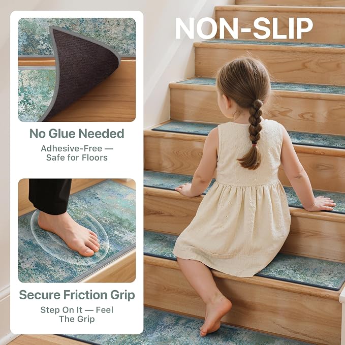 sarben 8"x30" Non Slip Stair Treads for Wooden Steps 15 Pack,Art Blue Green | Peel and Stick Carpet Stair Runner with TPE Adhesive Backing, Carpet for Added Safety, Pet and Senior Friendly
