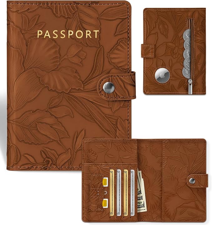 Slohif Elegant RFID Passport Holder for Travel with AirTag Rust Brown | Floral Embossed Passport Wallet for Women, Slim Vegan Leather Travel Organizer with Money Pocket and Card Slots
